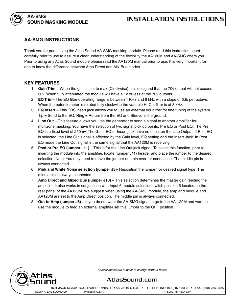 Atlas Sound Sound Masking Module AA-SMG User Manual | 4 pages