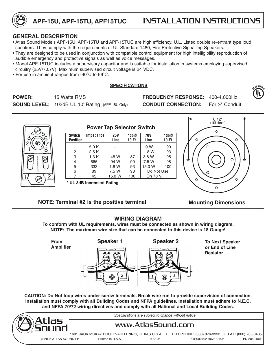 Atlas Sound APF-15TUC User Manual | 1 page