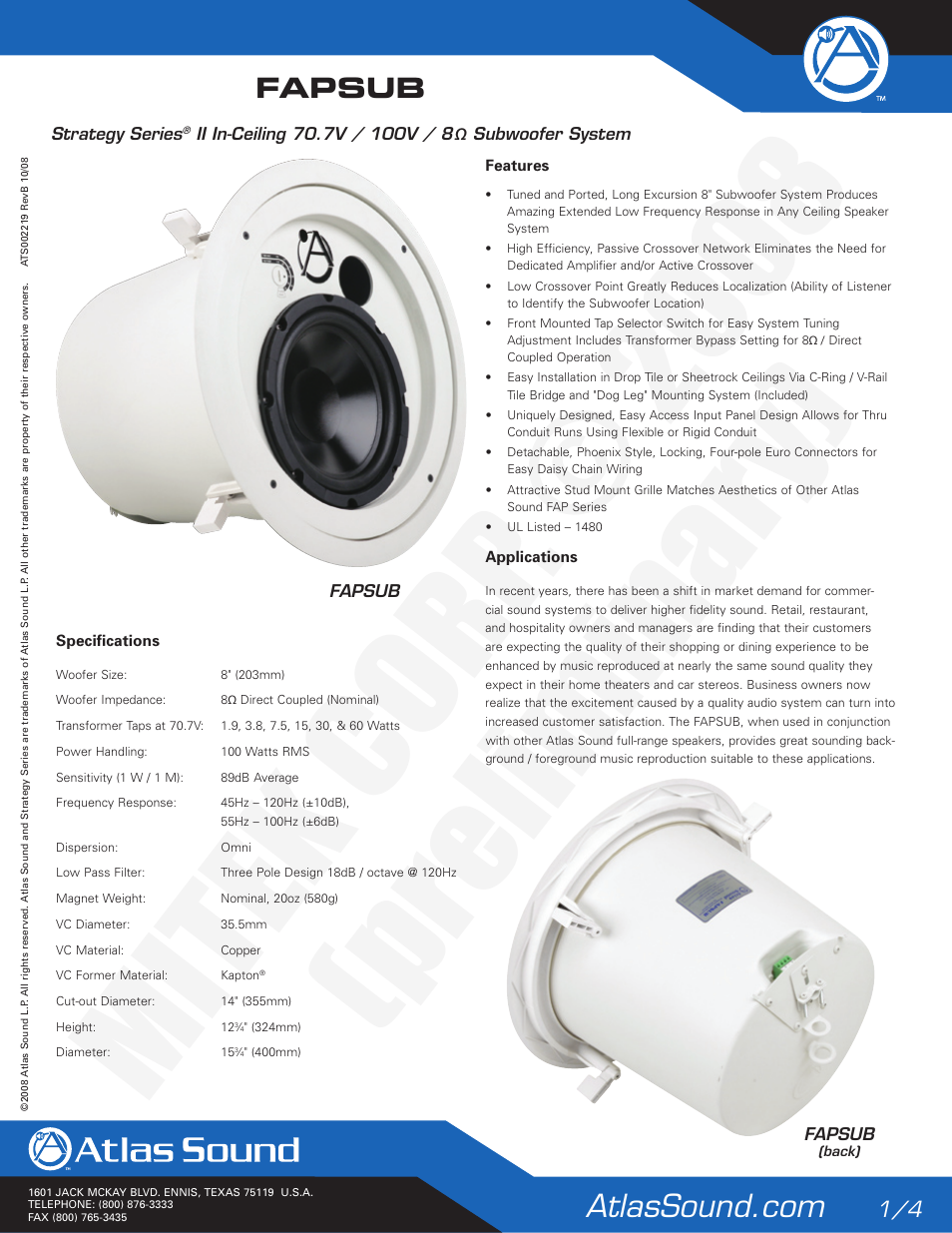 Atlas Sound Strategy Series 100V User Manual | 4 pages