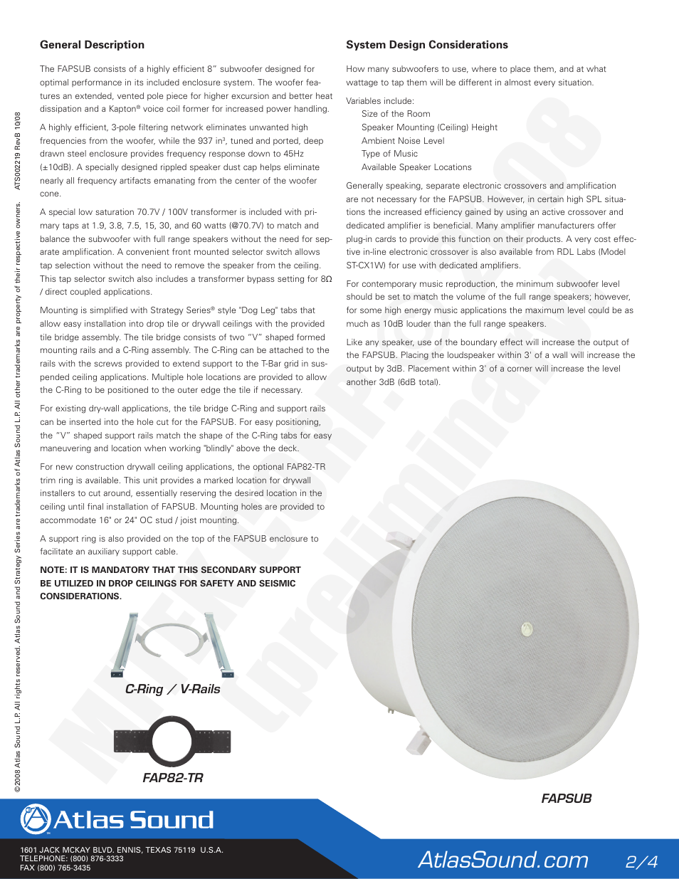 Mitek corp . © 2008 (preliminar y) | Atlas Sound Strategy Series 100V User Manual | Page 2 / 4