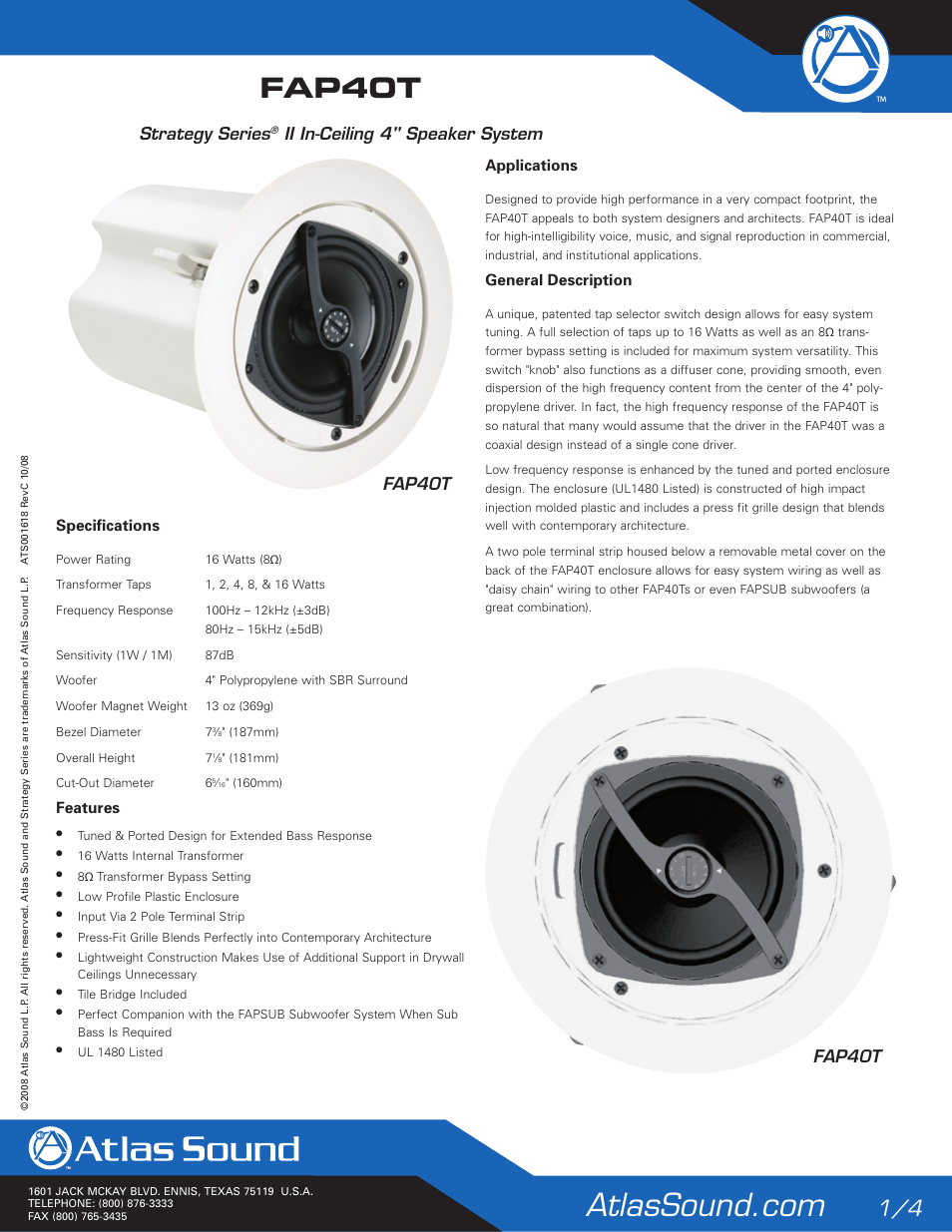 Atlas Sound Strategy Series II FAP40T User Manual | 4 pages