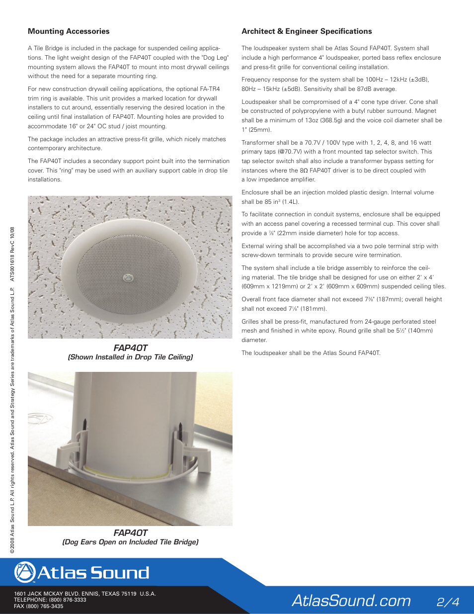 Fap40t, Mounting accessories, Architect & engineer specifications | Atlas Sound Strategy Series II FAP40T User Manual | Page 2 / 4