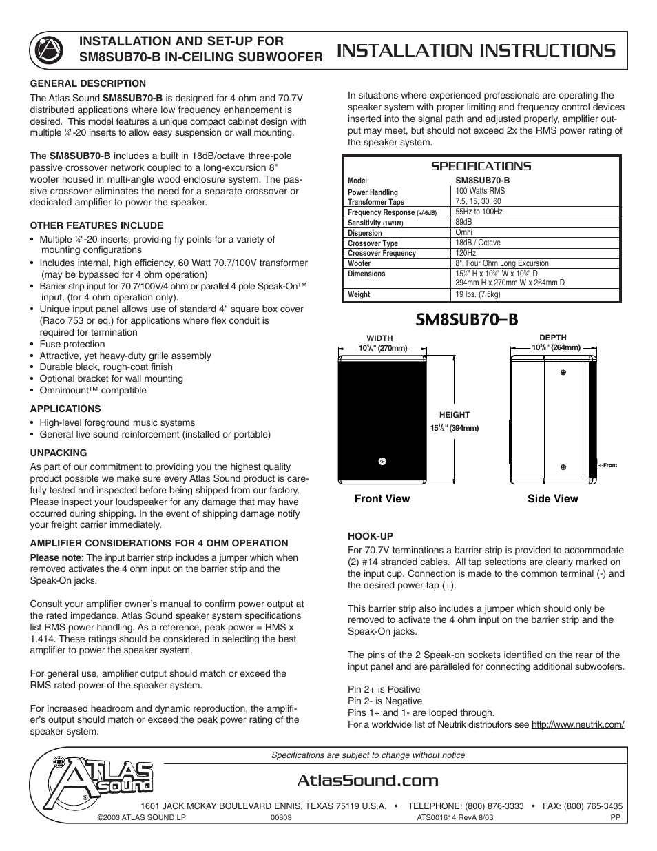 Atlas Sound SM8SUB70-B User Manual | 2 pages