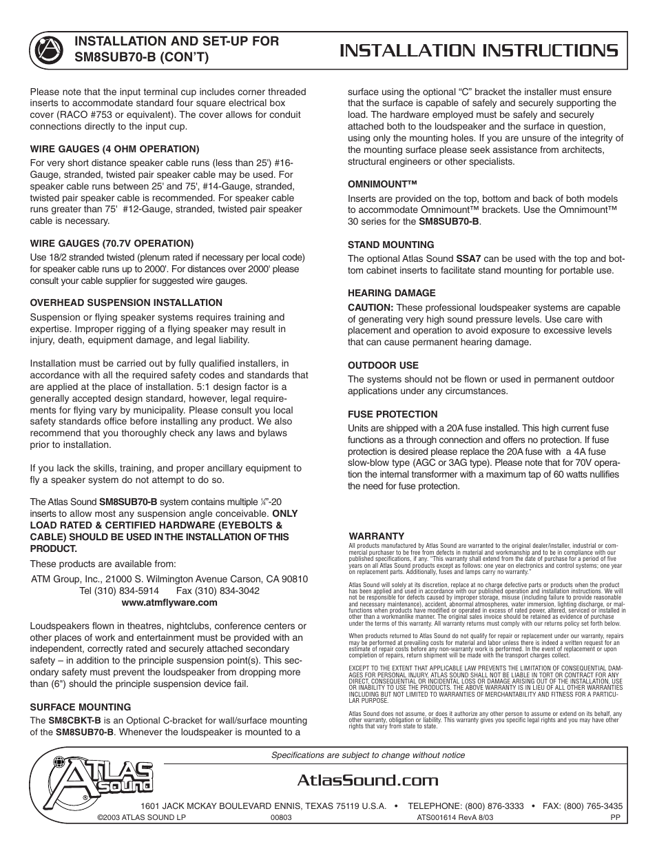 Installation instructions, Installation and set-up for sm8sub70-b (con’t) | Atlas Sound SM8SUB70-B User Manual | Page 2 / 2
