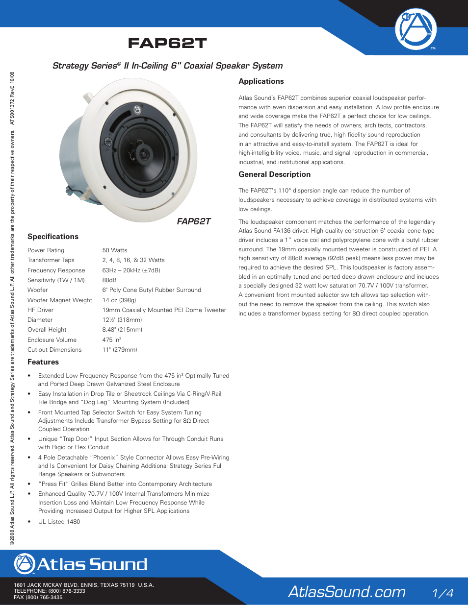 Atlas Sound FAP62T User Manual | 4 pages