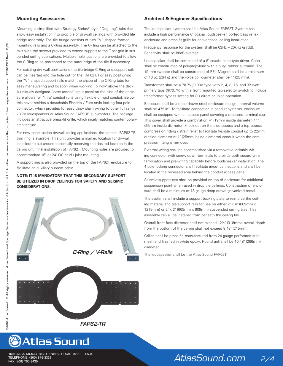 C-ring / v-rails fap62-tr, Mounting accessories, Architect & engineer specifications | Atlas Sound FAP62T User Manual | Page 2 / 4