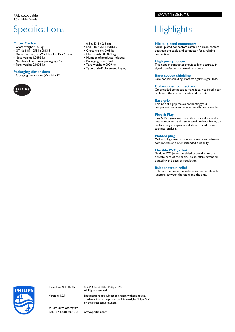 Specifications, Highlights | Philips Koaxialkabel User Manual | Page 2 / 2