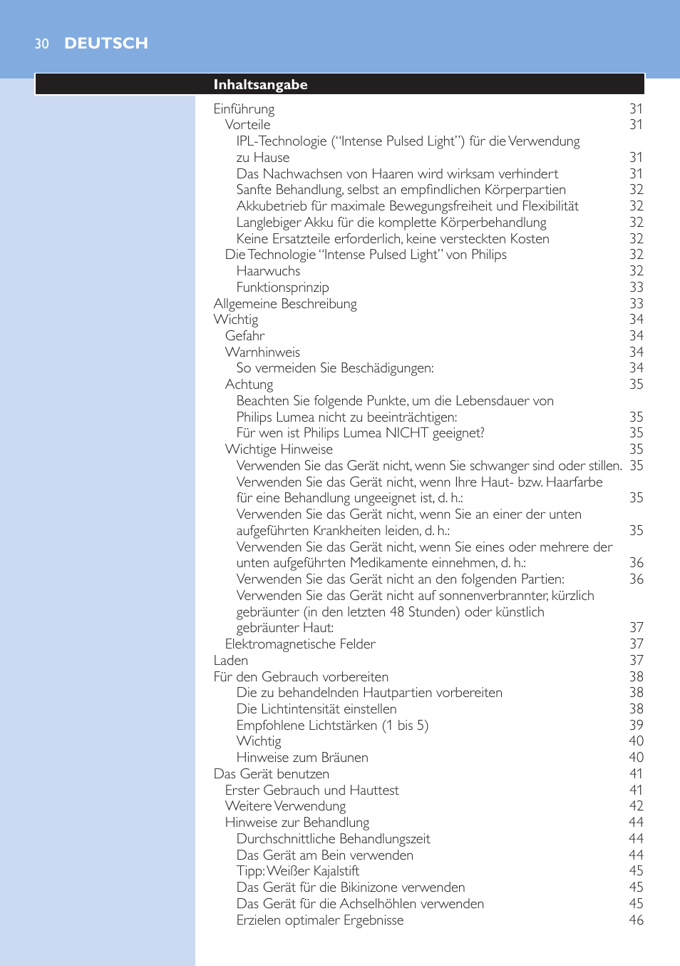 Deutsch, Deutsch 30 | Philips Lumea IPL Haarentfernungssystem User Manual | Page 30 / 106