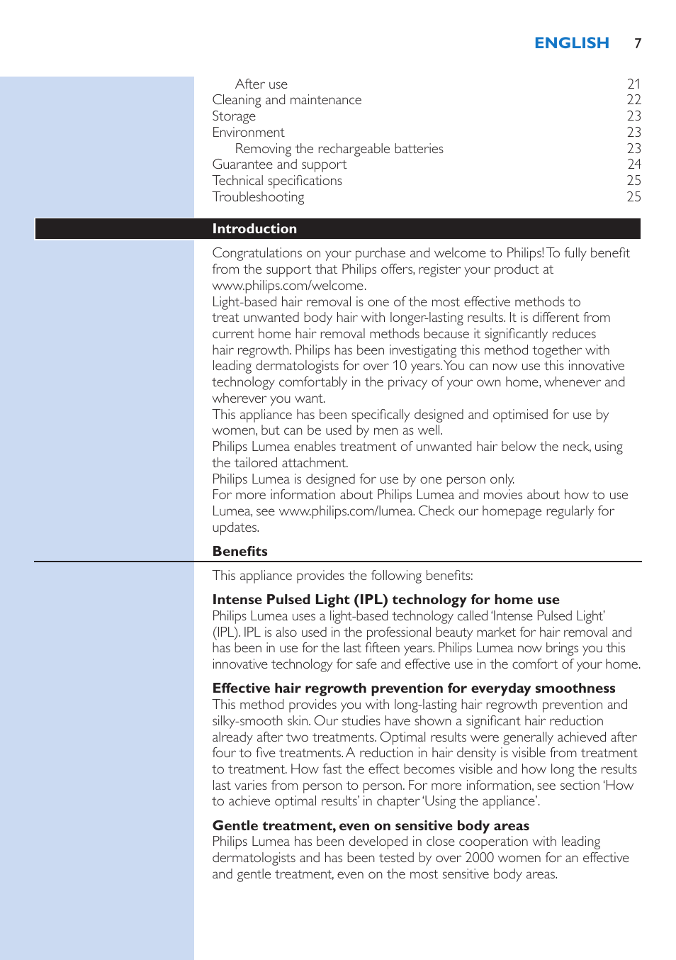 Philips Lumea IPL Haarentfernungssystem User Manual | Page 7 / 106