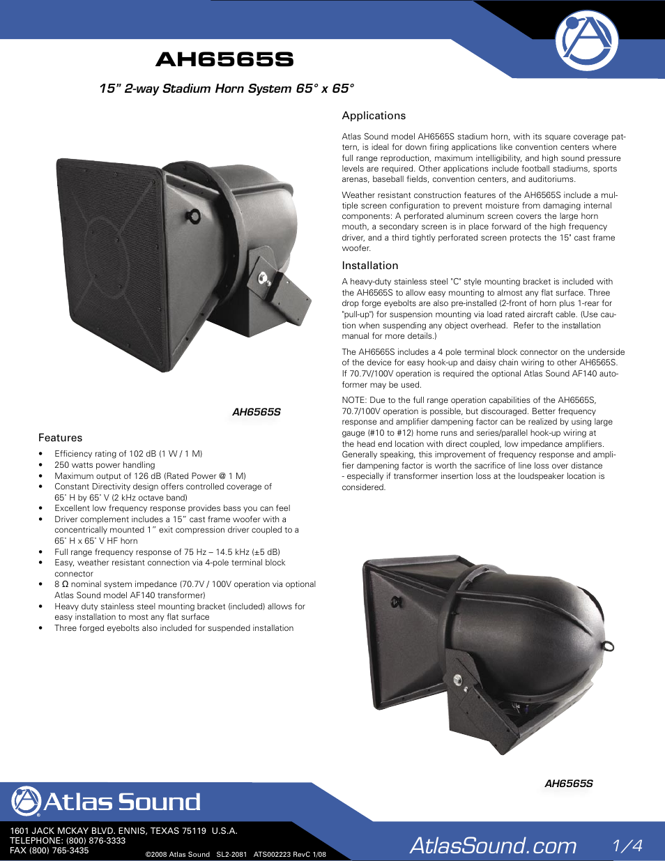 Atlas Sound AH6565S User Manual | 4 pages