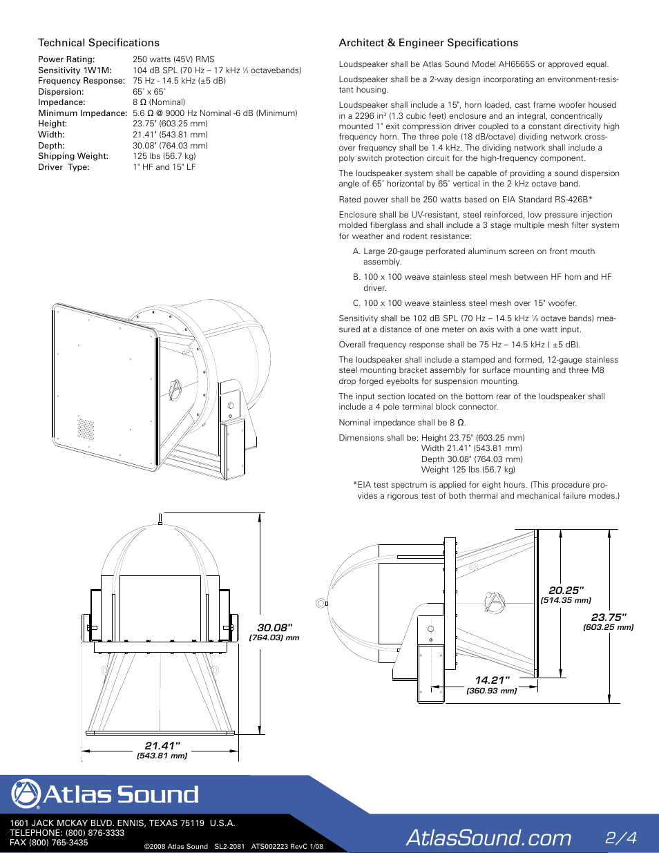 Atlas Sound AH6565S User Manual | Page 2 / 4