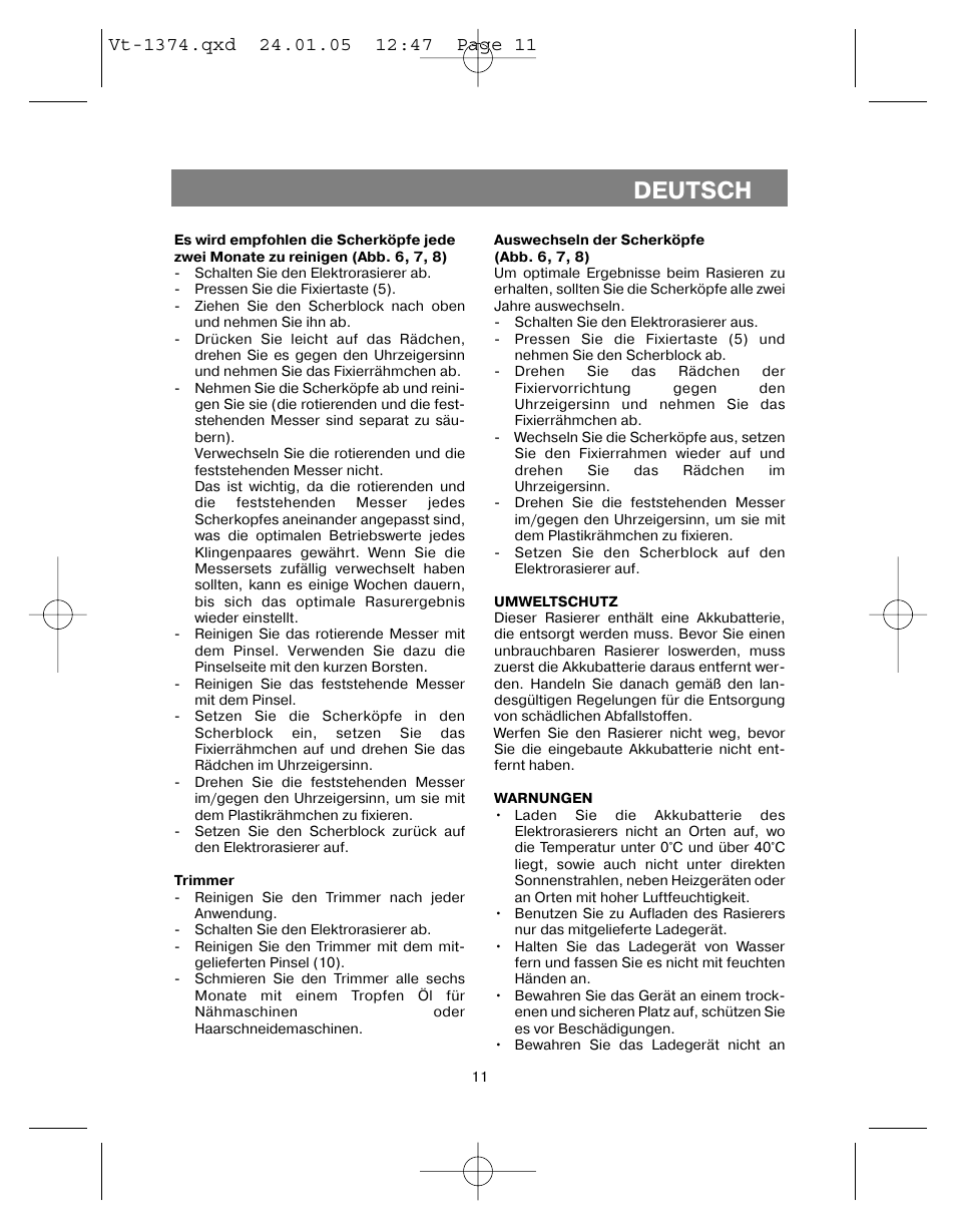 Deutsch | Vitek VT-1374 User Manual | Page 11 / 60