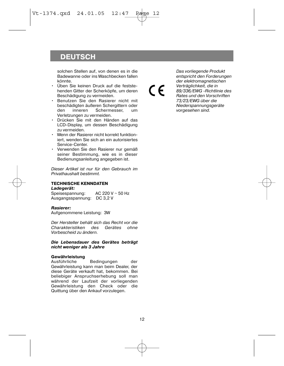 Deutsch | Vitek VT-1374 User Manual | Page 12 / 60