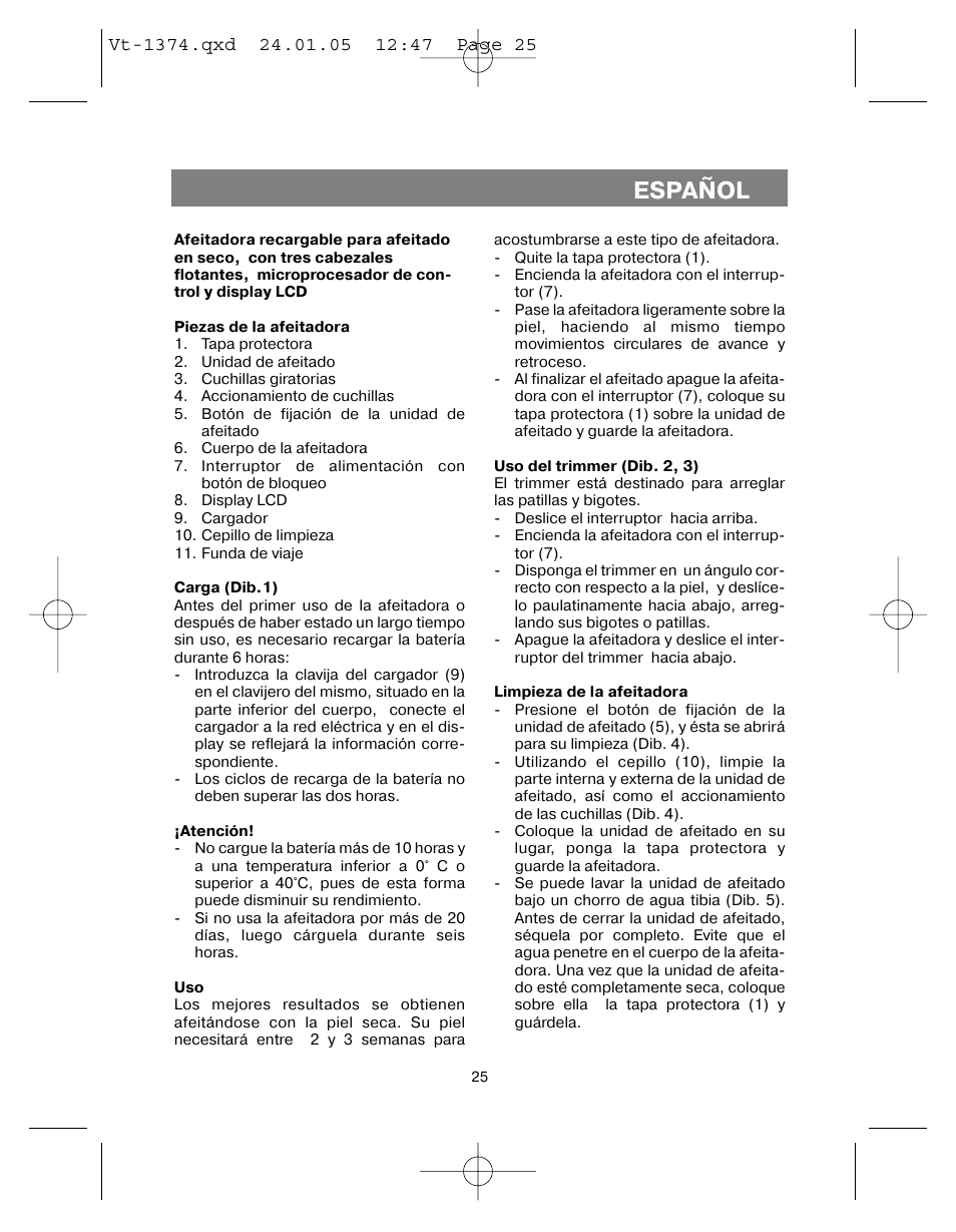 Español | Vitek VT-1374 User Manual | Page 25 / 60