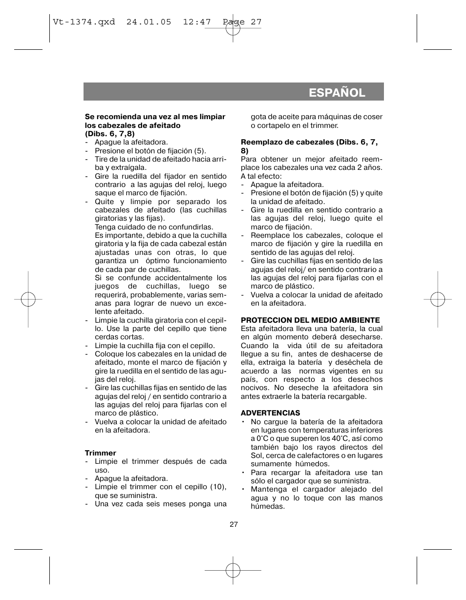 Español | Vitek VT-1374 User Manual | Page 27 / 60