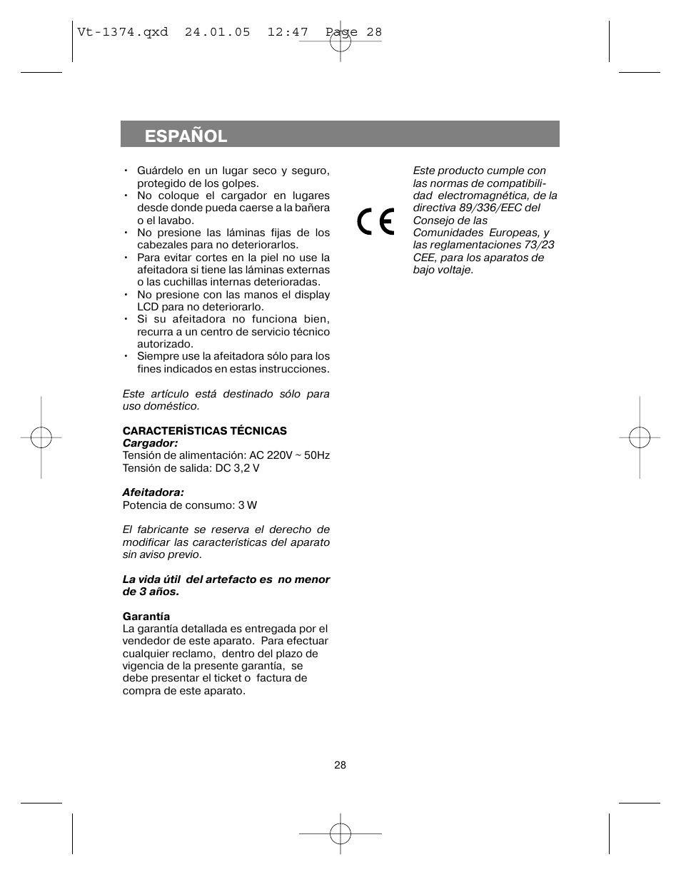 Español | Vitek VT-1374 User Manual | Page 28 / 60