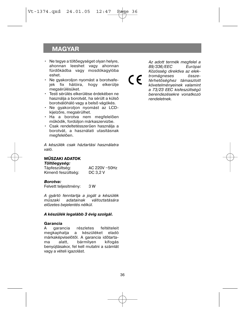 Magyar | Vitek VT-1374 User Manual | Page 36 / 60