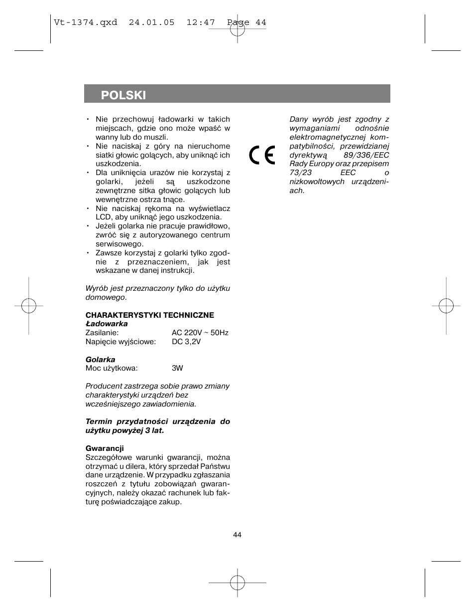 Polski | Vitek VT-1374 User Manual | Page 44 / 60