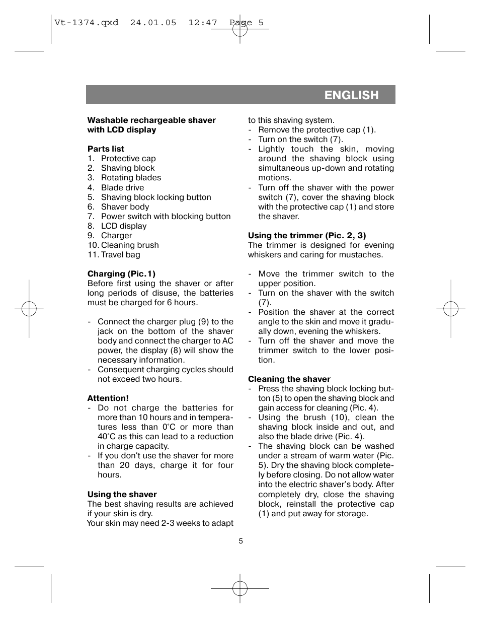 English | Vitek VT-1374 User Manual | Page 5 / 60