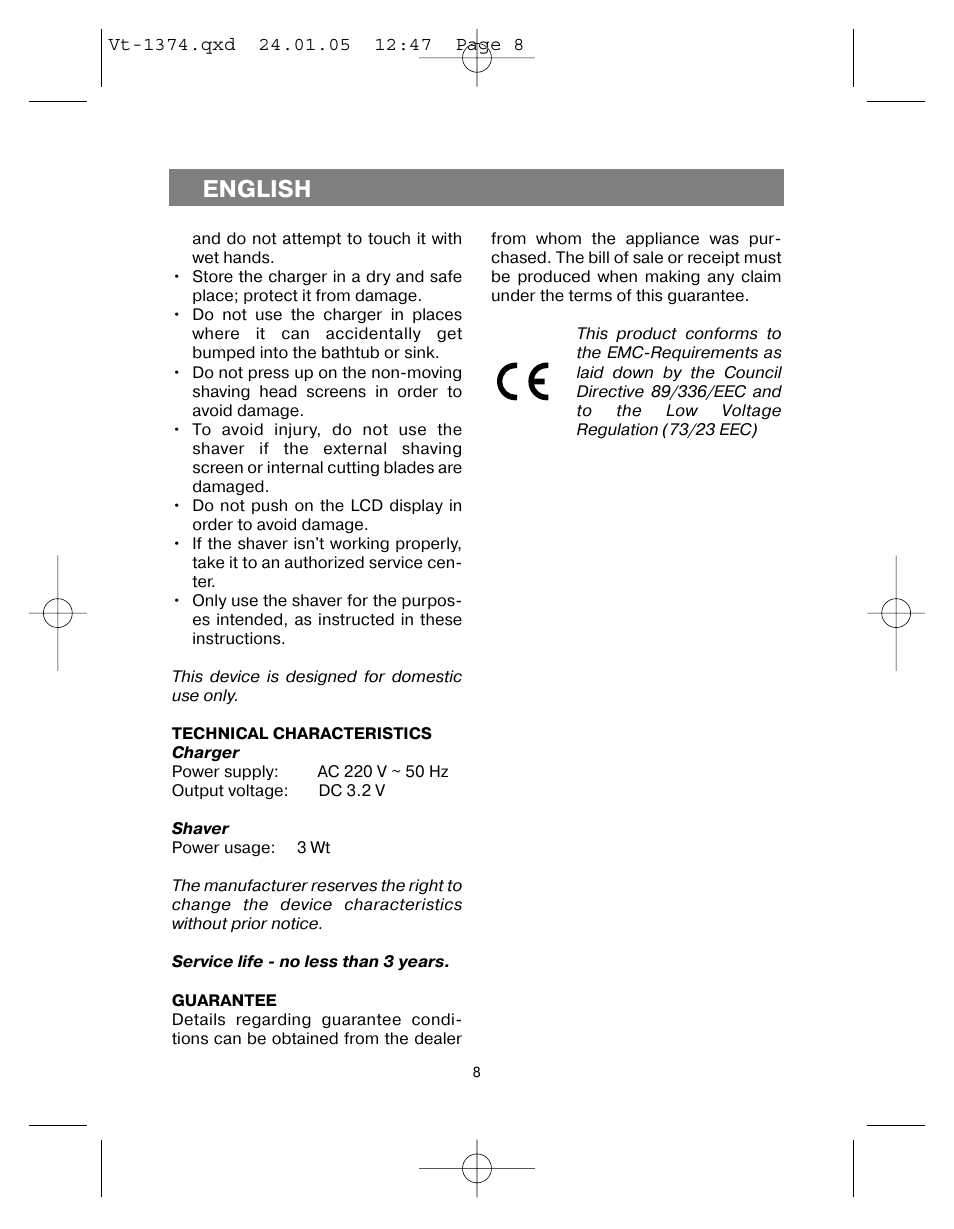 English | Vitek VT-1374 User Manual | Page 8 / 60