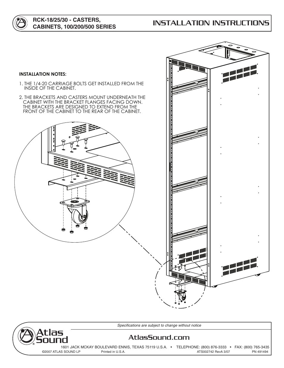 Atlas Sound RCK-18/25/30 User Manual | 1 page