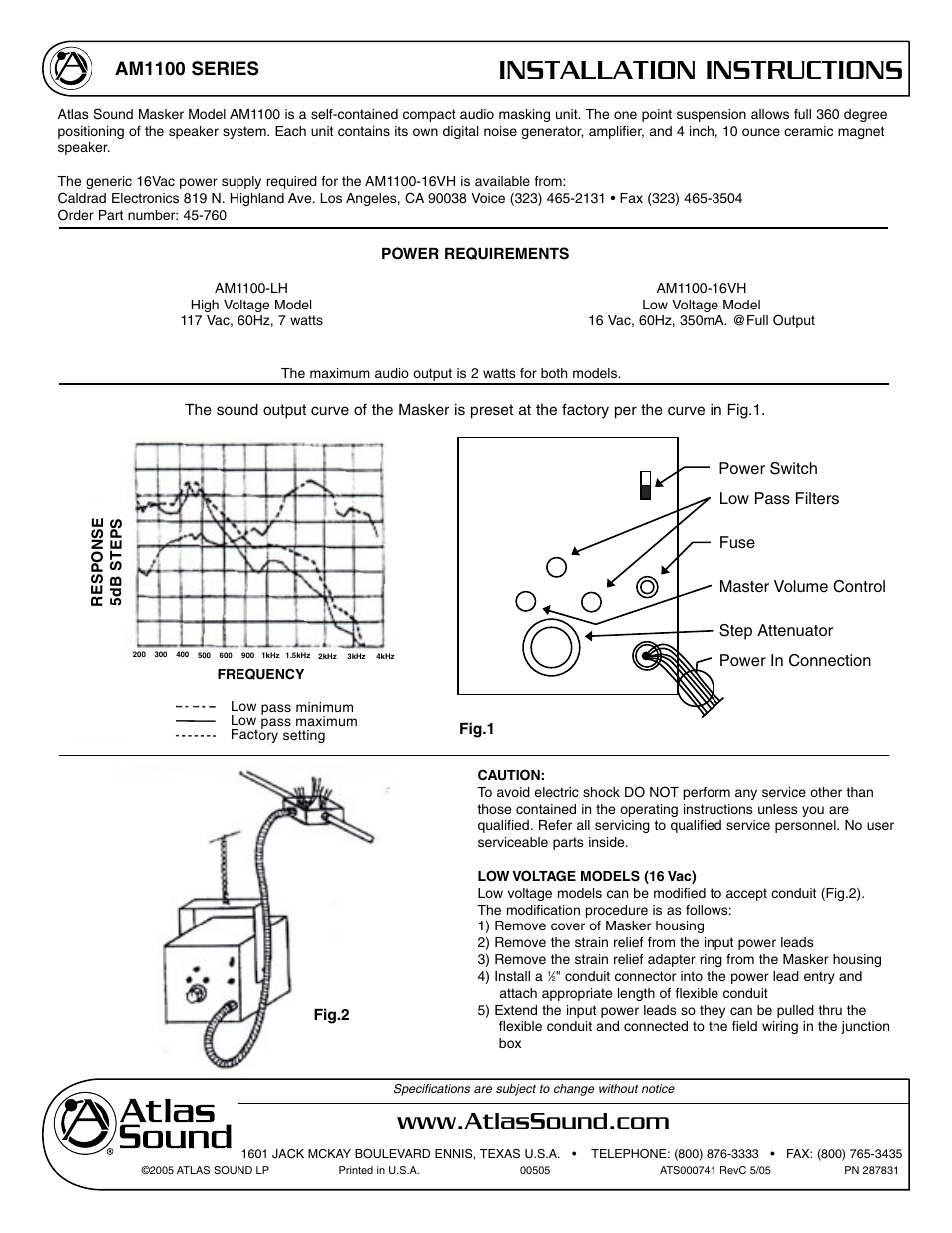Atlas Sound AM1100 User Manual | 1 page