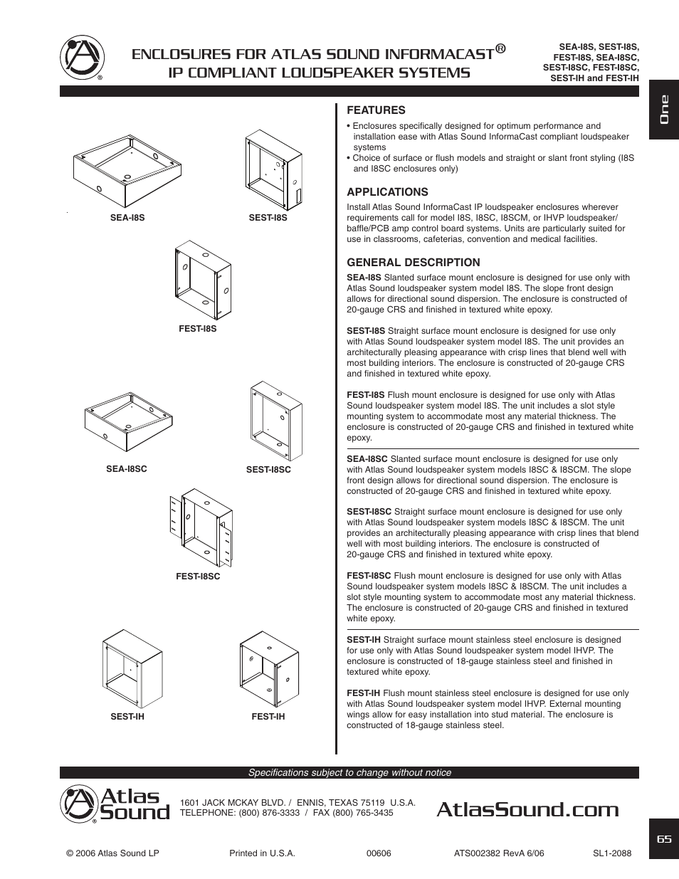 Atlas Sound SEA-18S User Manual | 2 pages