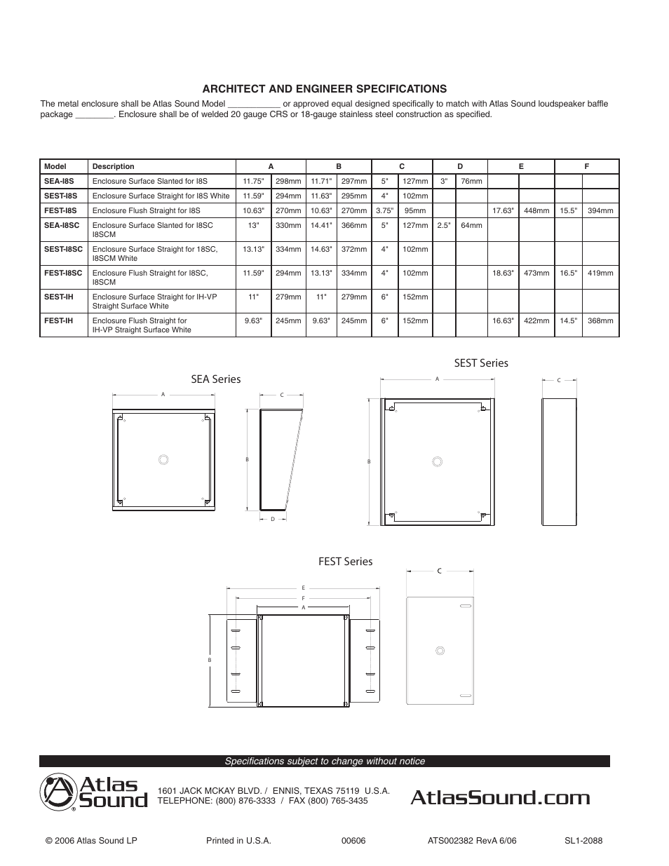 Architect and engineer specifications | Atlas Sound SEA-18S User Manual | Page 2 / 2