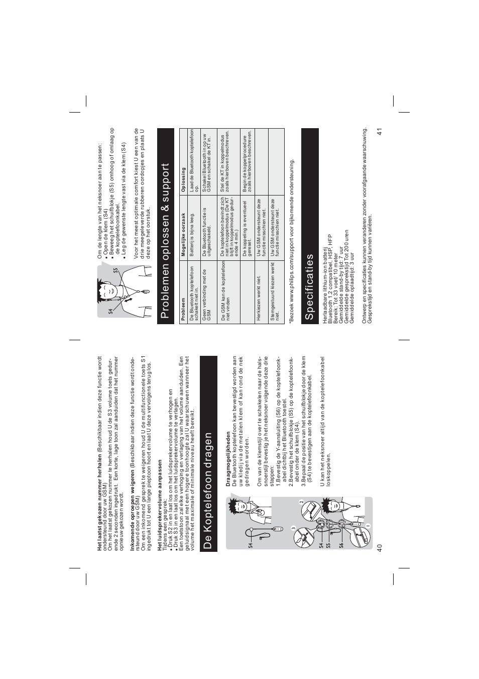 De koptelefoon dragen, Problemen oplossen & s upport, Specificaties | Philips Bluetooth-Headset User Manual | Page 21 / 26