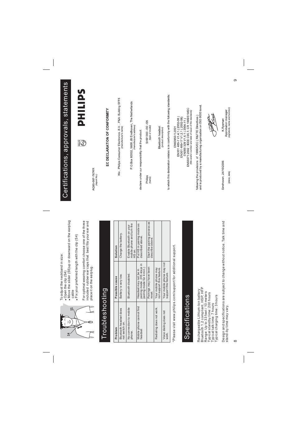 Troubleshooting, Specifications, Certifications, approvals, statements | Philips Bluetooth-Headset User Manual | Page 5 / 26