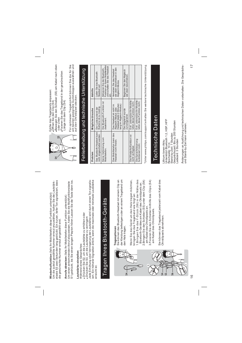 Tragen ihres bluetooth-geräts, Te chnische daten, Fehlerbehebung und technische unterstützung | Philips Bluetooth-Headset User Manual | Page 9 / 26