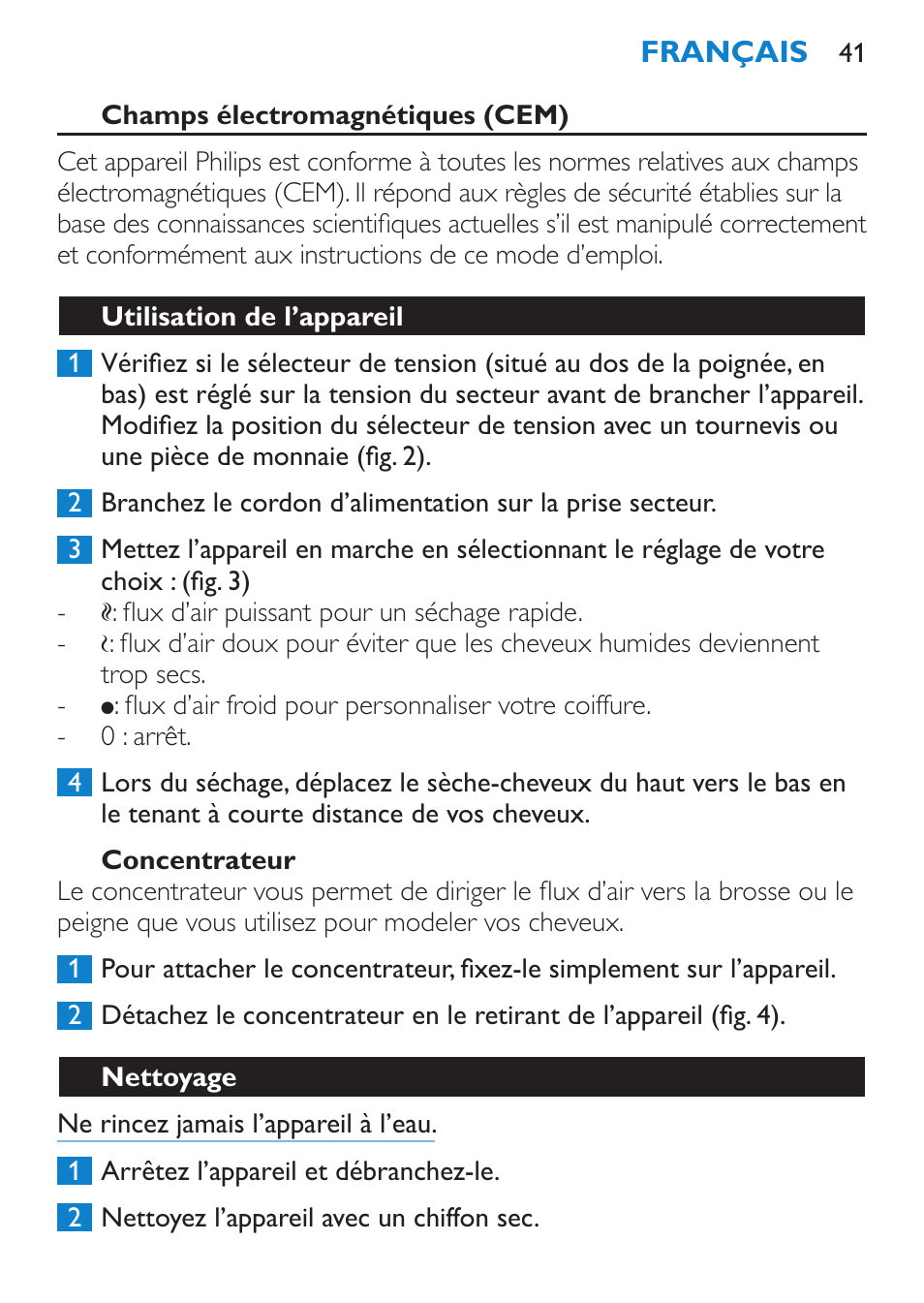 Avertissement, Attention | Philips SalonDry Haartrockner User Manual | Page 41 / 80