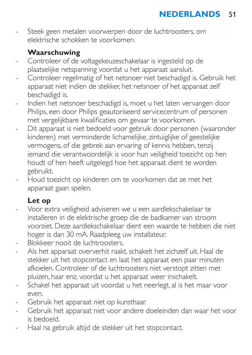 Waarschuwing, Let op | Philips SalonDry Haartrockner User Manual | Page 51 / 80