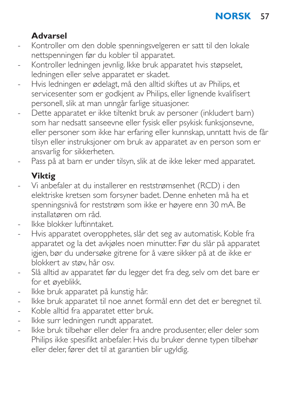 Advarsel, Viktig | Philips SalonDry Haartrockner User Manual | Page 57 / 80