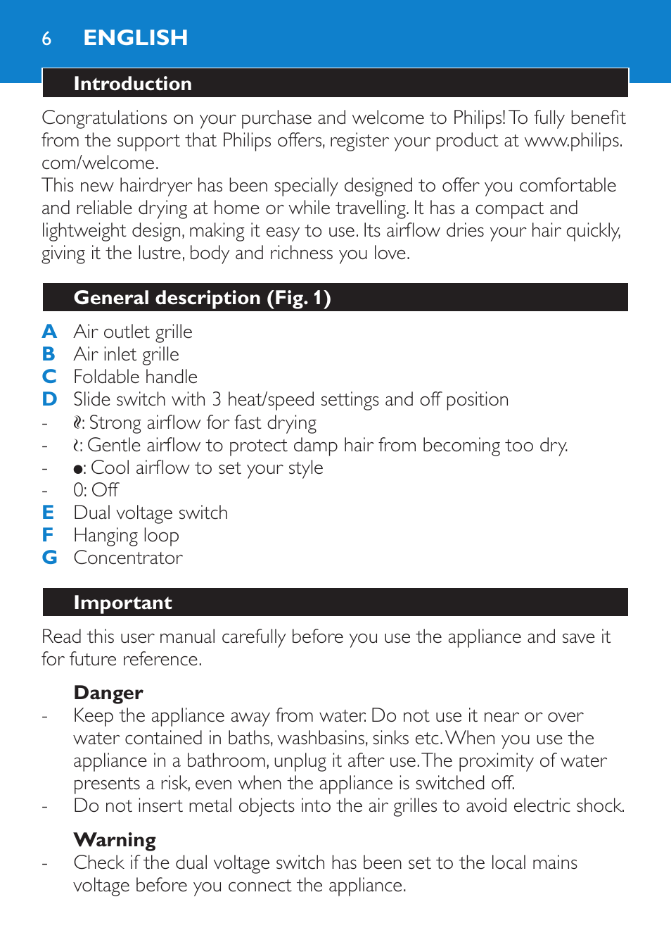 English, Introduction, General description (fig. 1) | Important, Danger, Warning | Philips SalonDry Haartrockner User Manual | Page 6 / 80