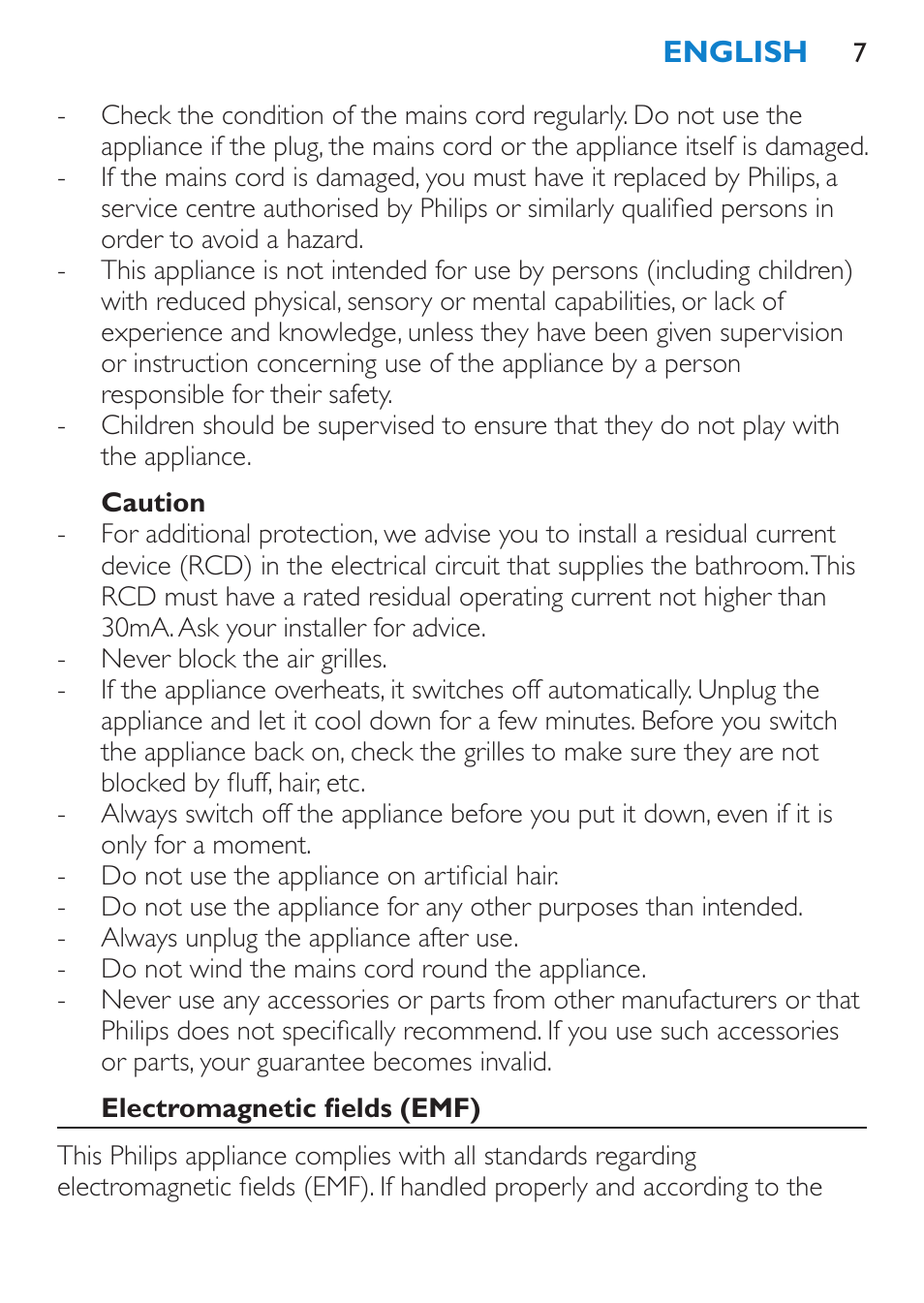 Caution, Electromagnetic fields (emf) | Philips SalonDry Haartrockner User Manual | Page 7 / 80