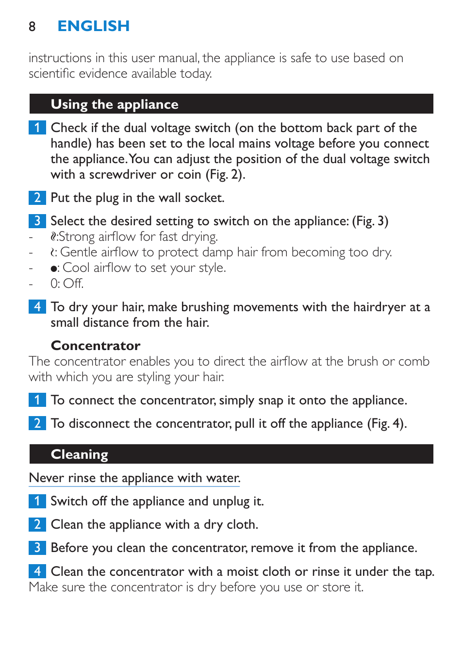 Concentrator, Using the appliance, Cleaning | Philips SalonDry Haartrockner User Manual | Page 8 / 80