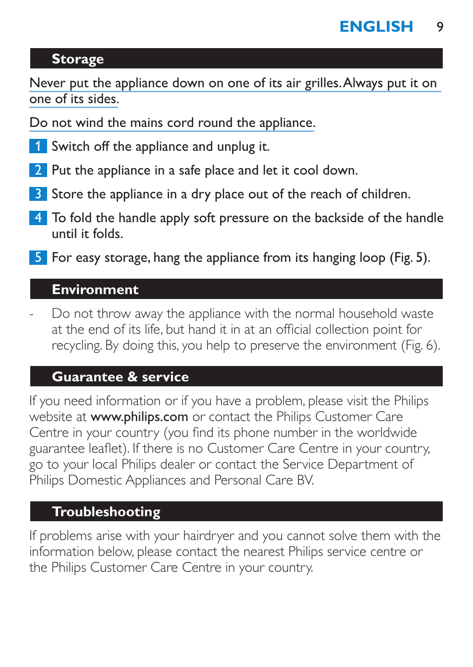 Storage, Environment, Guarantee & service | Troubleshooting | Philips SalonDry Haartrockner User Manual | Page 9 / 80