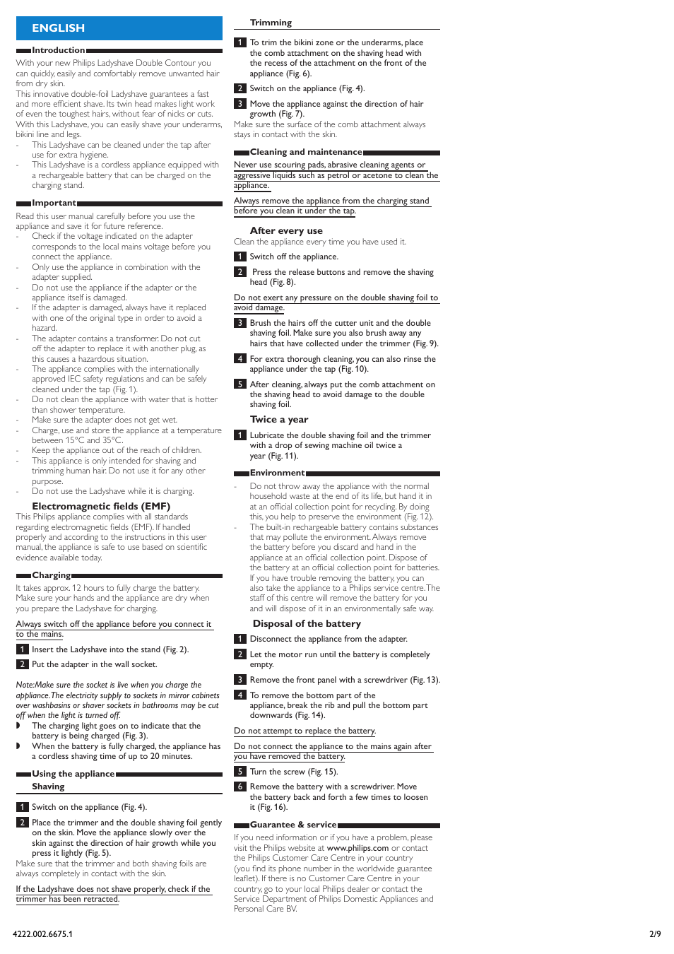 English | Philips Double Contour Ladyshave User Manual | Page 2 / 9