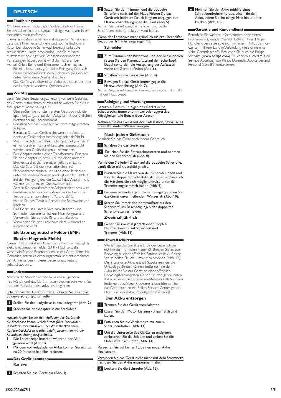 Deutsch | Philips Double Contour Ladyshave User Manual | Page 3 / 9