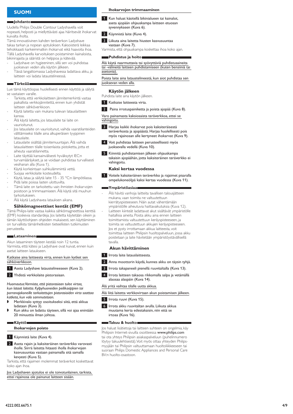 Suomi | Philips Double Contour Ladyshave User Manual | Page 4 / 9