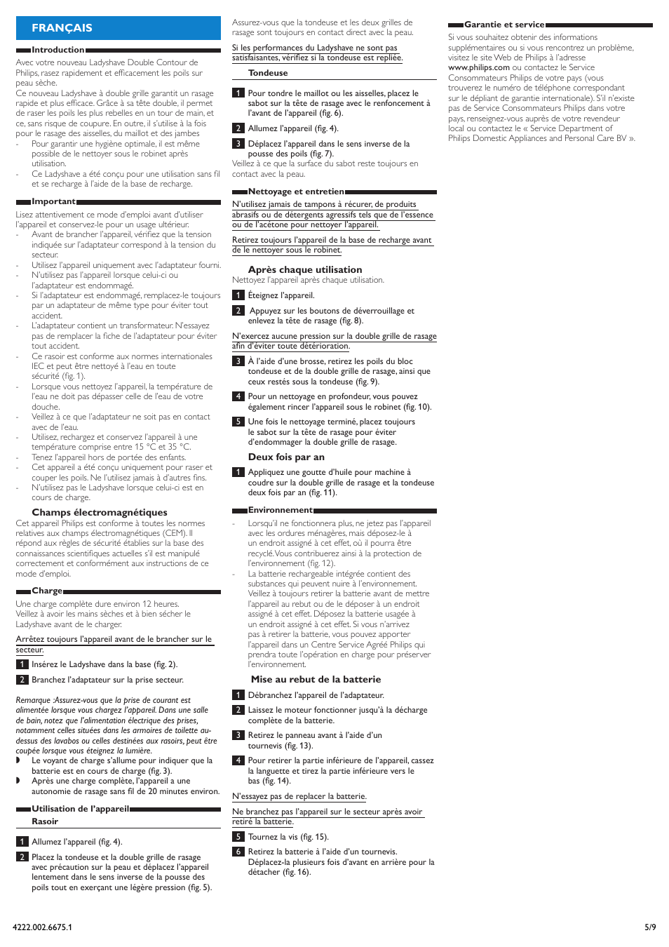 Français | Philips Double Contour Ladyshave User Manual | Page 5 / 9