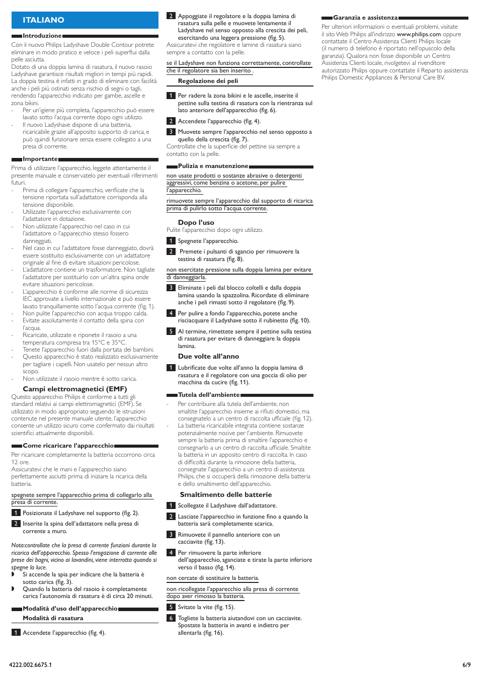 Italiano | Philips Double Contour Ladyshave User Manual | Page 6 / 9