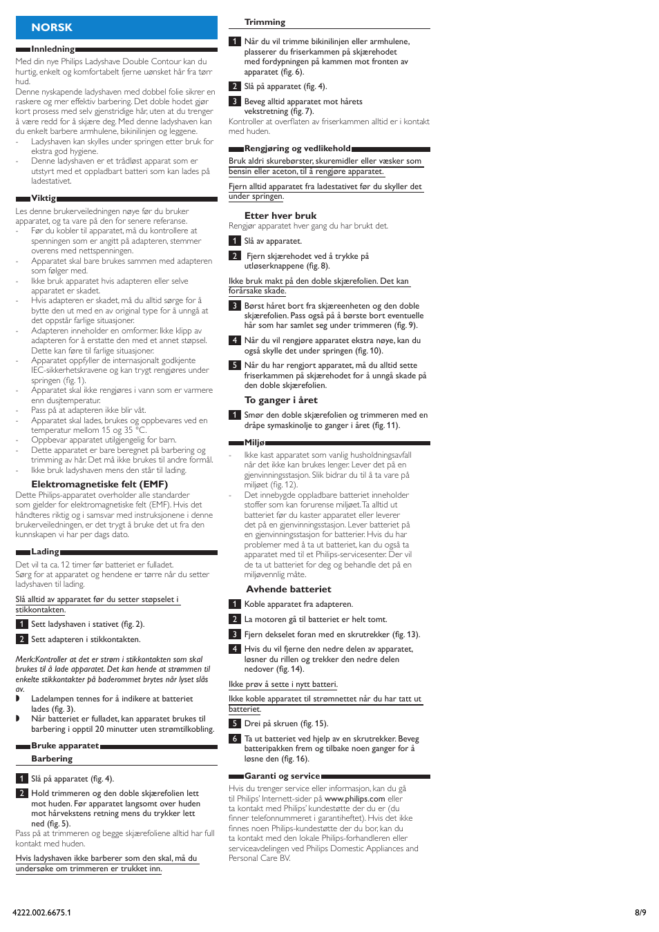 Norsk | Philips Double Contour Ladyshave User Manual | Page 8 / 9