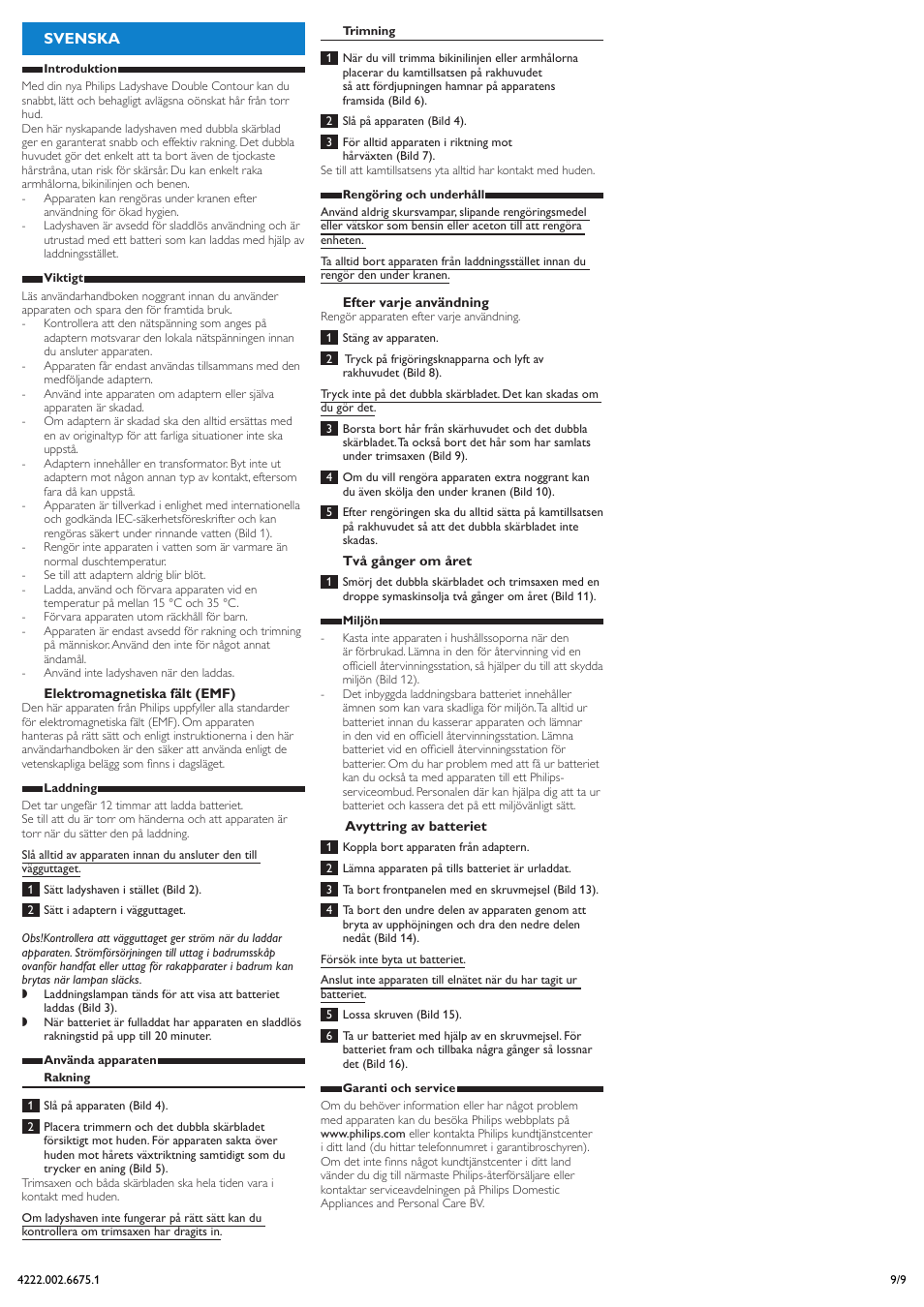 Svenska | Philips Double Contour Ladyshave User Manual | Page 9 / 9