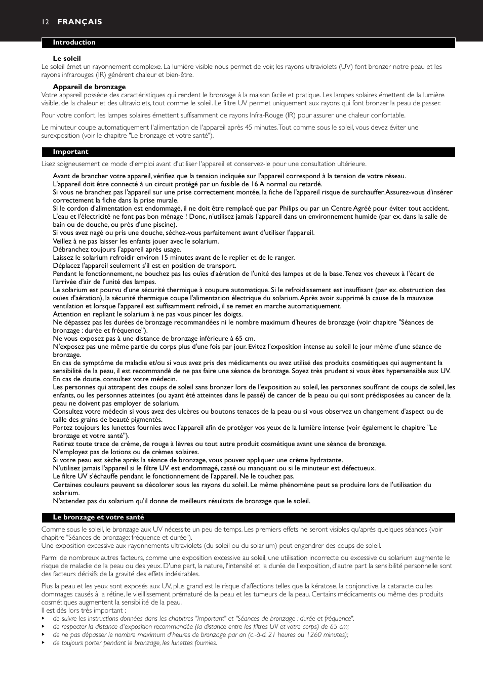 Français 12 | Philips Zusammenklappbarer Ganzkörperbräuner User Manual | Page 12 / 28