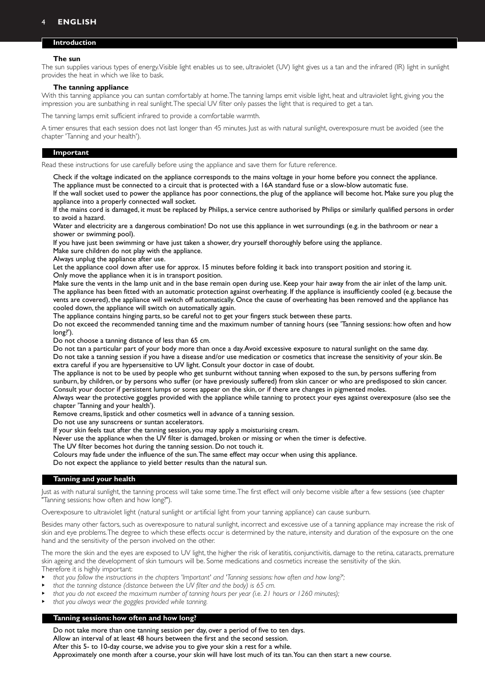 English 4 | Philips Zusammenklappbarer Ganzkörperbräuner User Manual | Page 4 / 28