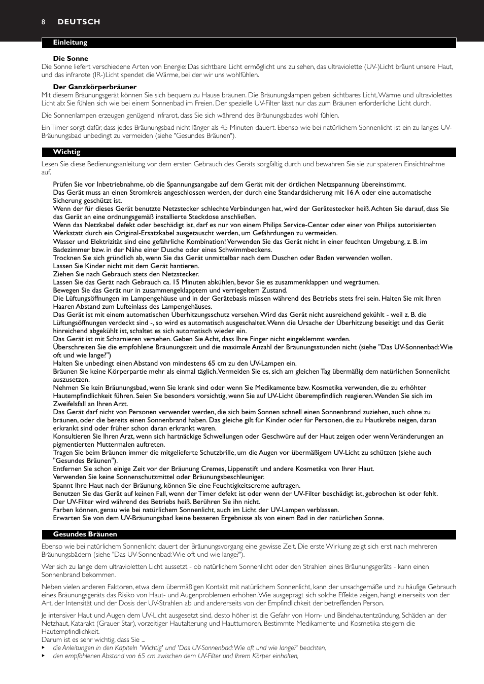 Deutsch 8 | Philips Zusammenklappbarer Ganzkörperbräuner User Manual | Page 8 / 28