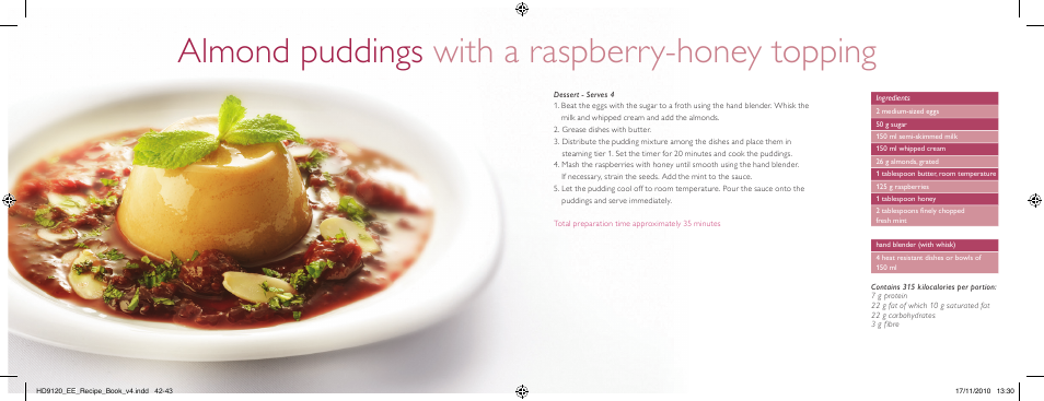 Almond puddings with a raspberry-honey topping | Philips Pure Essentials Collection Dampfgarer User Manual | Page 22 / 25