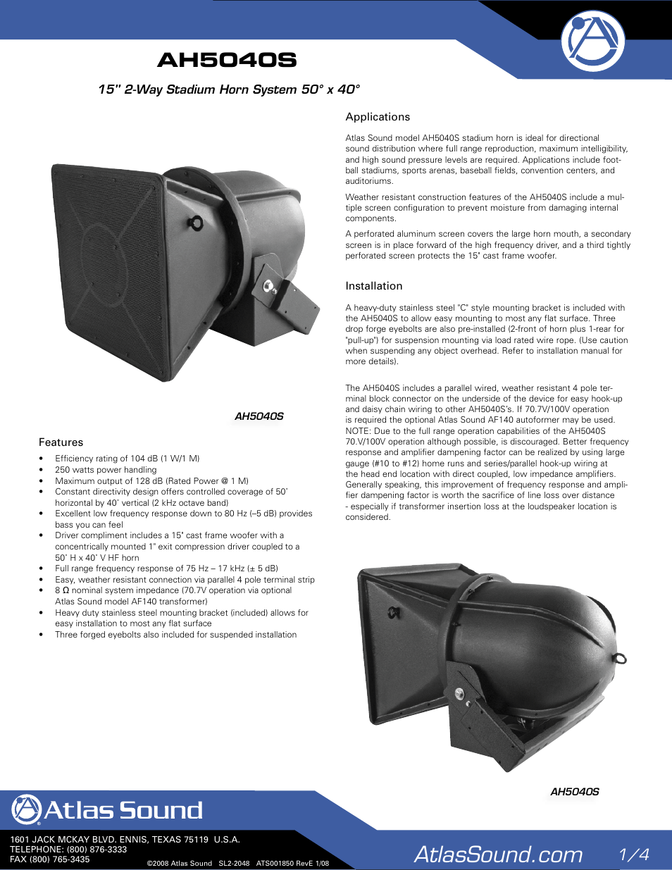 Atlas Sound AH5040S User Manual | 4 pages